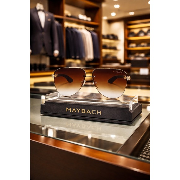 Maybach Mens Luxury Aviator Sunglasses‎ Gold Black Frame Gradient Brown Lens
